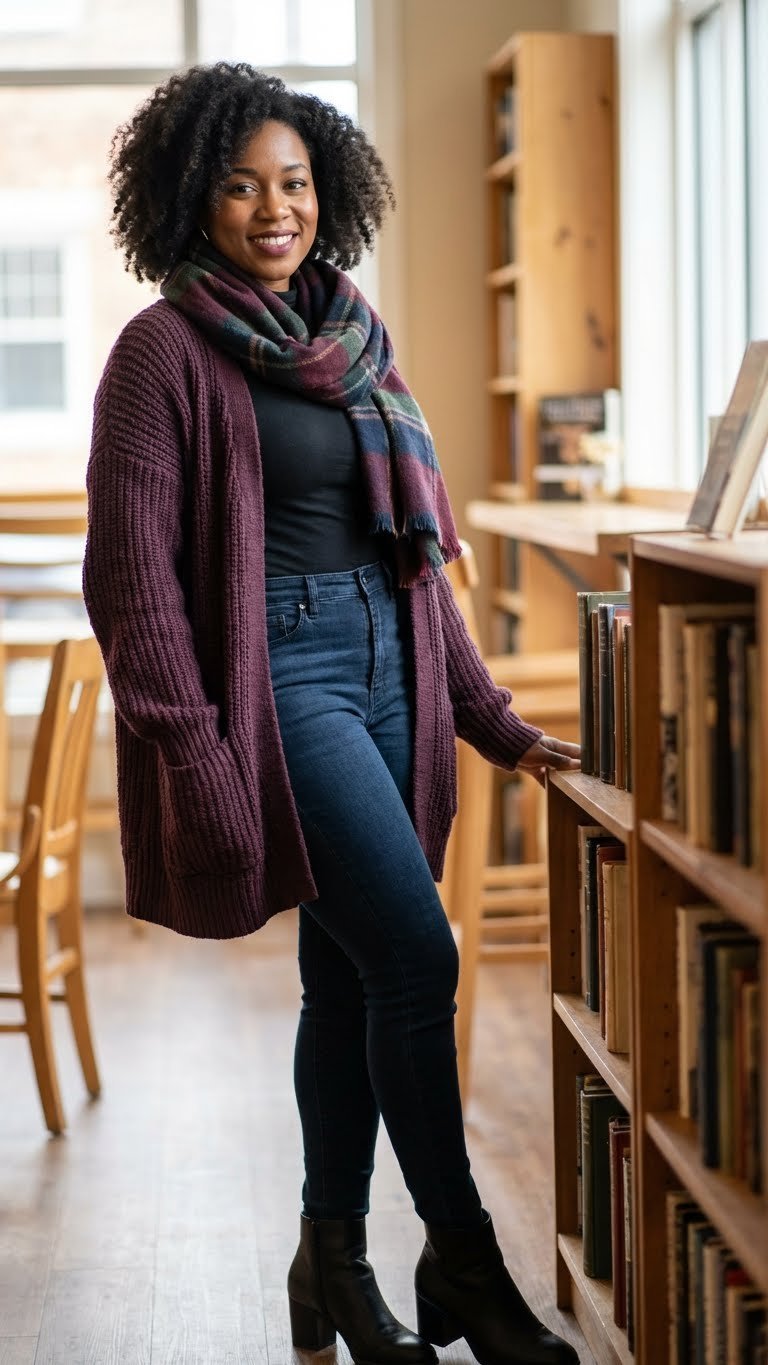 Beautiful Black woman in berry chunky knit cardigan, jeans, and plaid scarf in cozy stylish interior.