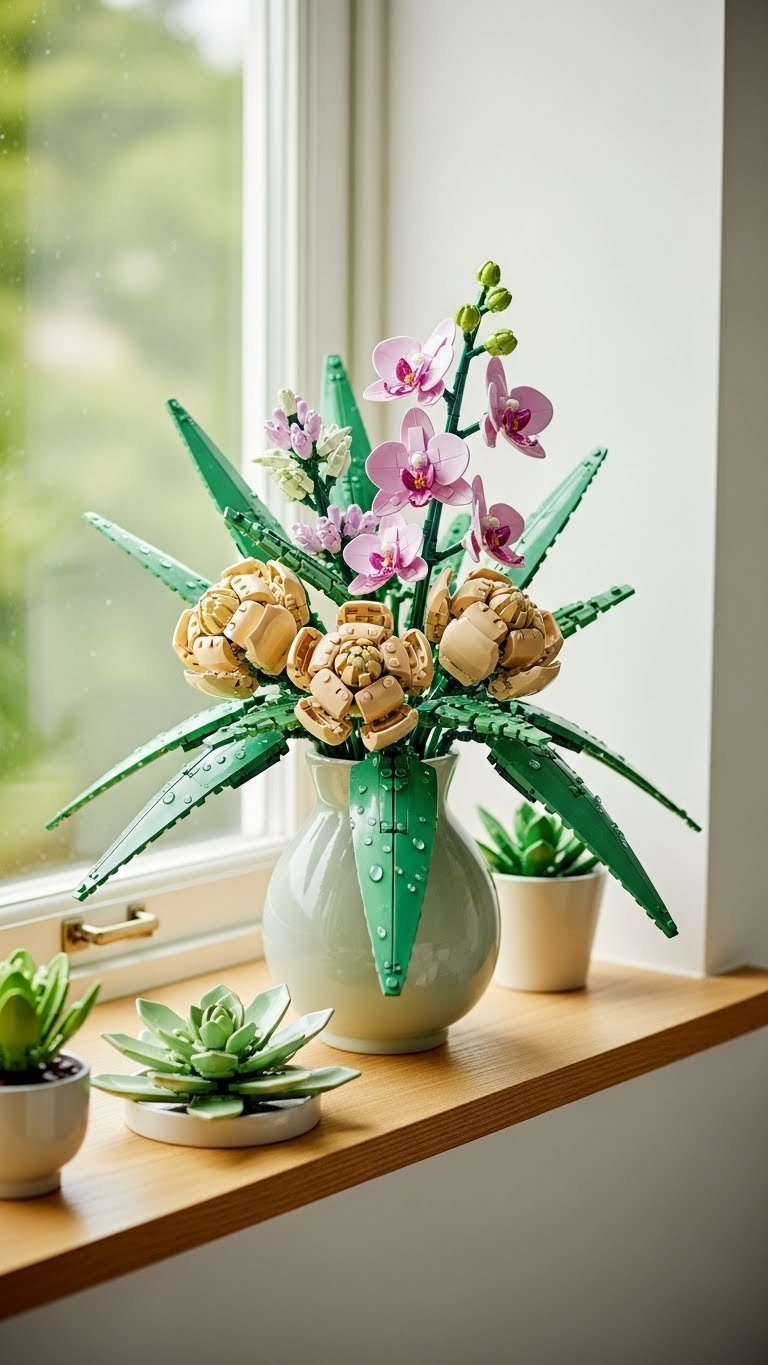 Beautiful LEGO Botanical Collection flowers arranged in vase on light wood window sill with soft natural lighting