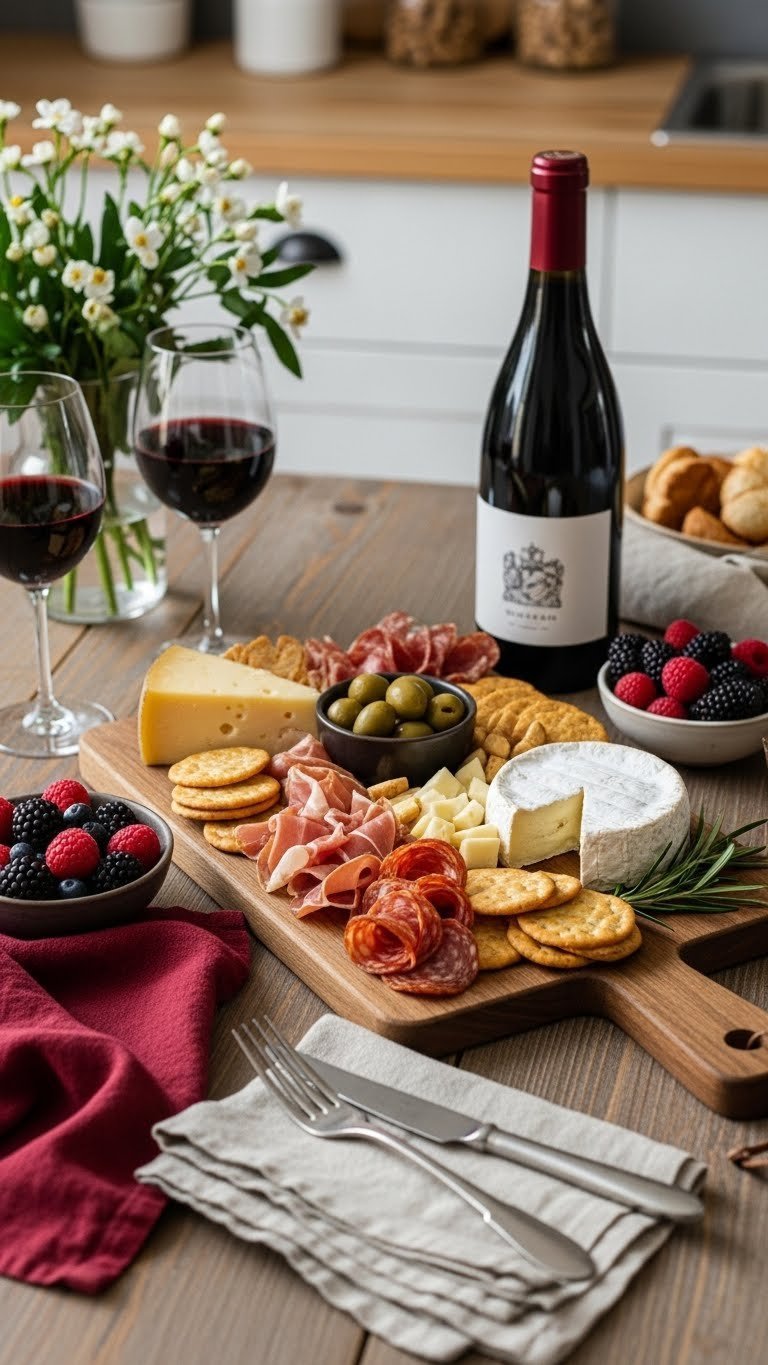 Beautiful charcuterie board with artisanal cheeses, cured meats, and fine wine on rustic wooden table