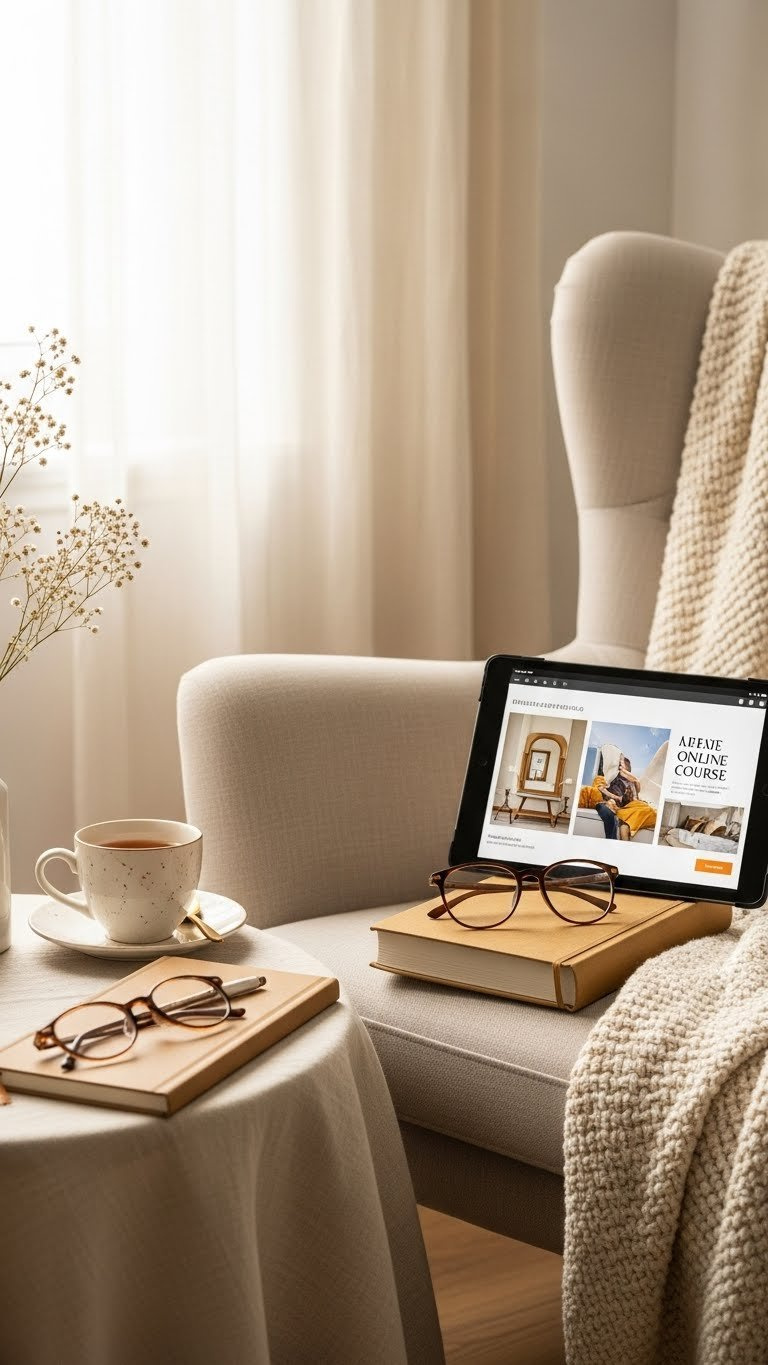 Beautifully bound hardcover book on armchair with tablet displaying online course and reading glasses