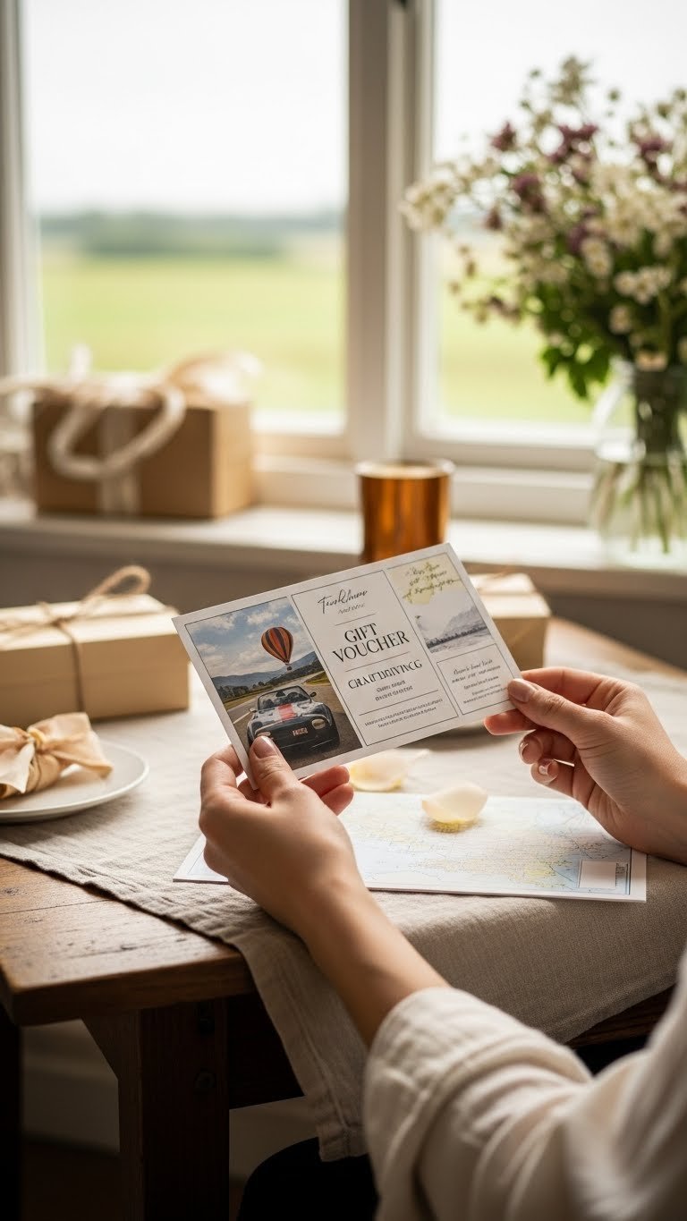 Beautifully designed experience gift voucher held delicately on linen tablecloth with soft background