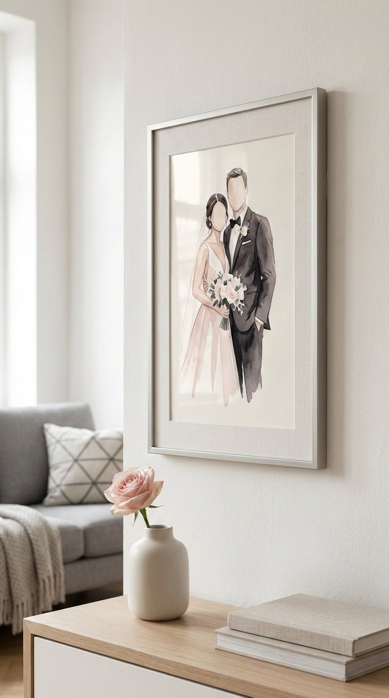 Beautifully framed custom portrait of couple hanging on gallery wall in minimalist living room setting.