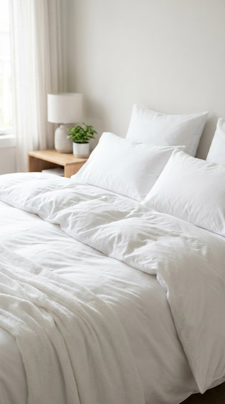 Beautifully made bed with luxurious high-thread-count white bedding on contemporary frame in minimalist bedroom setting.