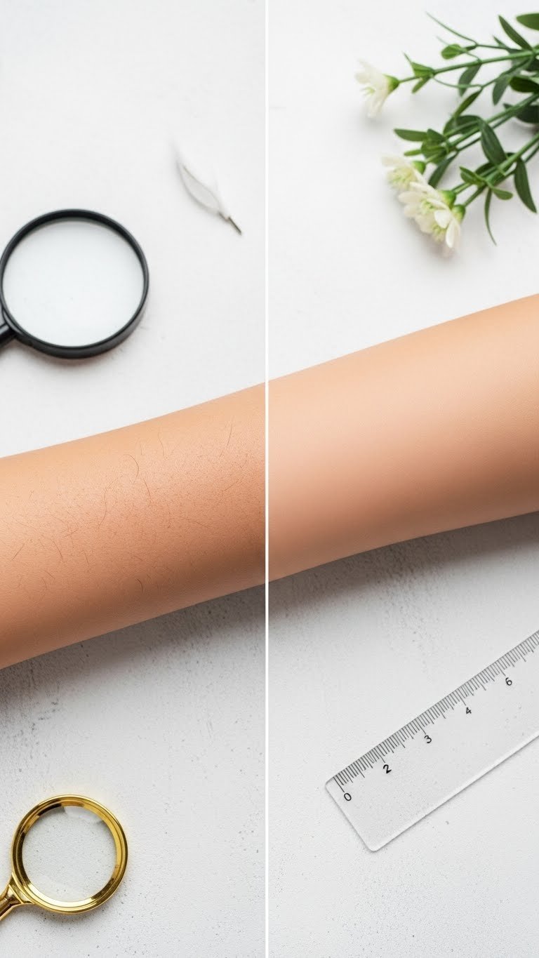 Before and after split image showing hair removal results with smooth skin versus visible hair growth comparison