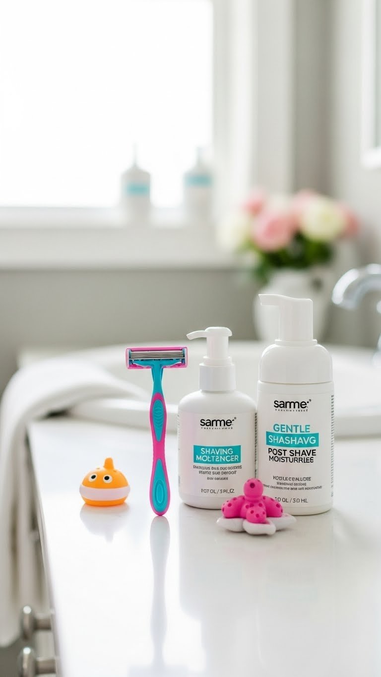 Beginner-friendly women's shaving kit with safety guard razor and moisturizer on white bathroom counter