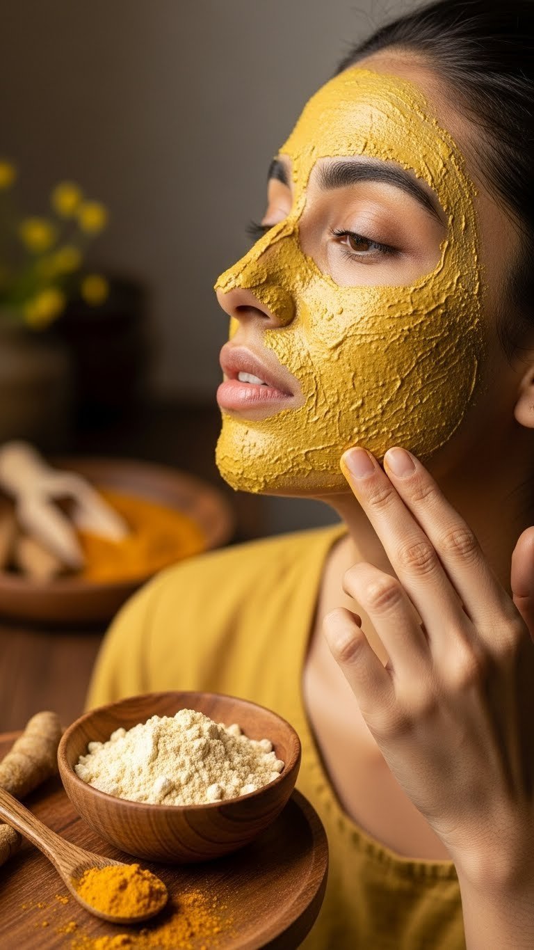 Besan and turmeric paste spread on woman's jawline for traditional skincare brightening