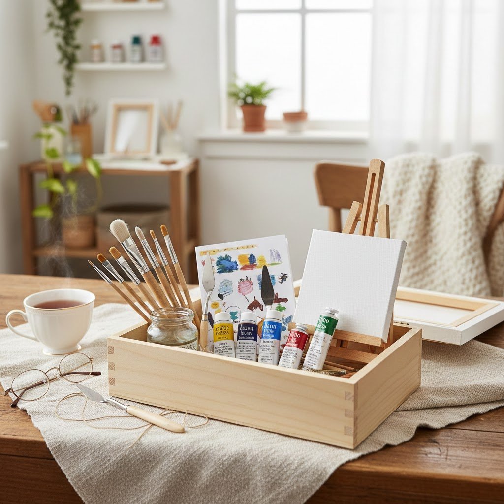 Bespoke hobby starter kit with painting supplies arranged on linen cloth in craft room setting