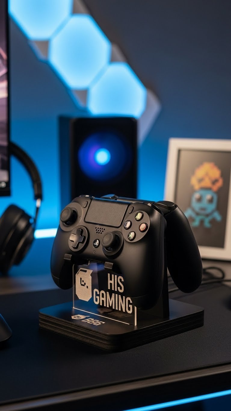 Black acrylic gaming controller stand holding two modern controllers with etched gaming tag on dark desk.