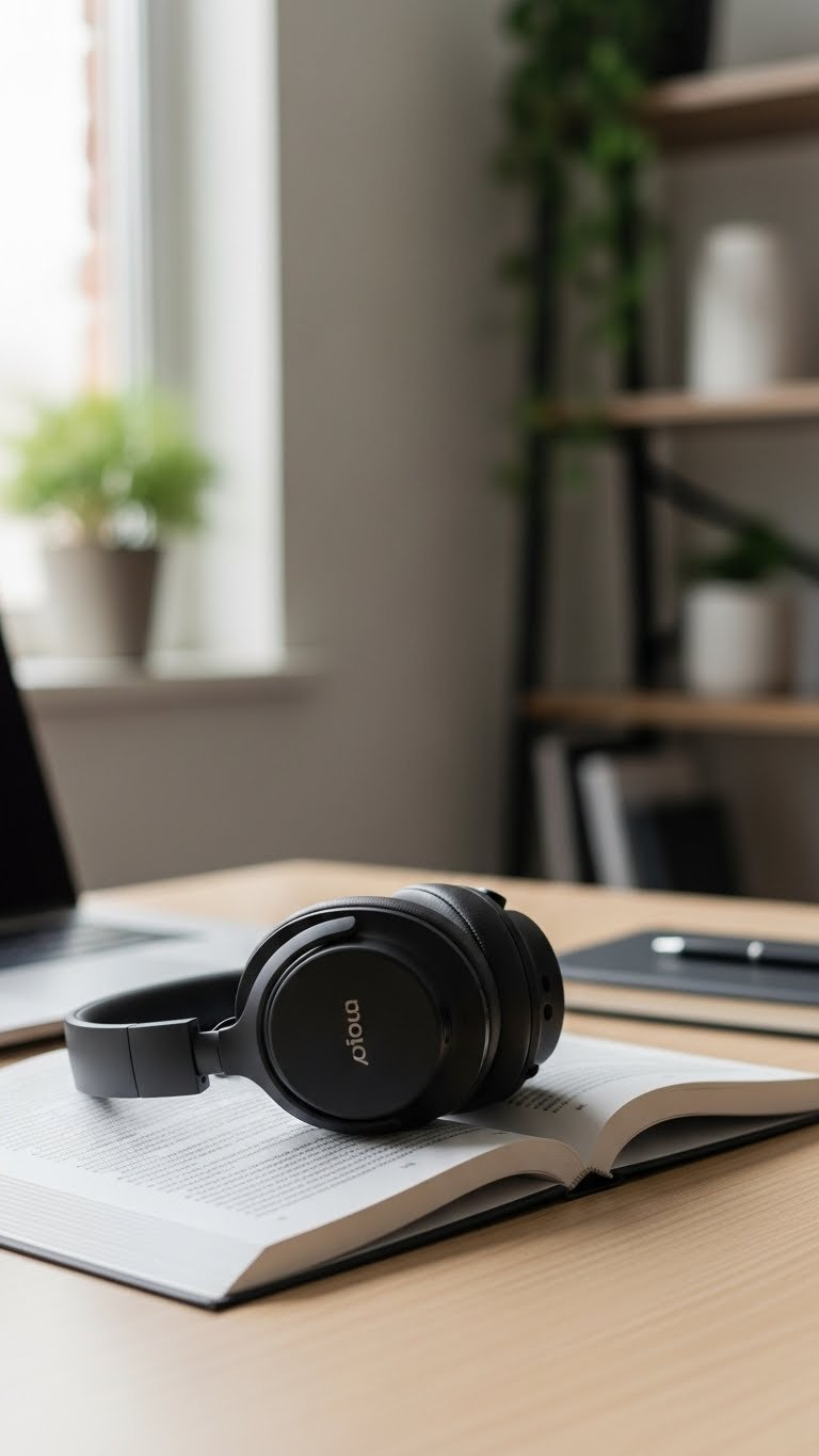 Black noise-canceling headphones resting on textbook with laptop screen background in serene study setting