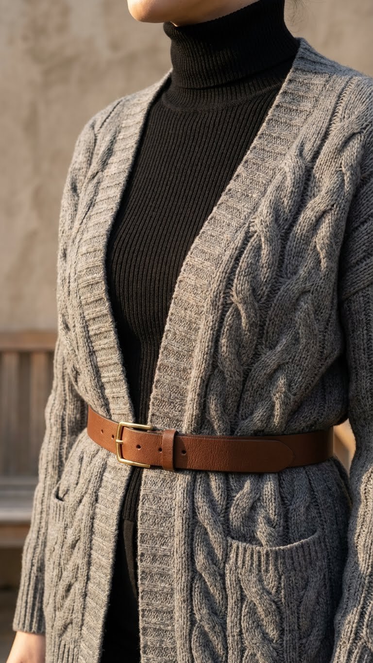 Black turtleneck under a long grey chunky cardigan, cinched with a brown leather belt. Sophisticated layered winter fashion.