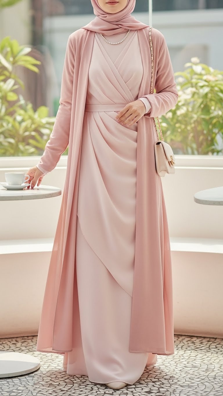 Blush pink modest maxi dress with flowy cardigan in sunlit minimalist cafe garden setting
