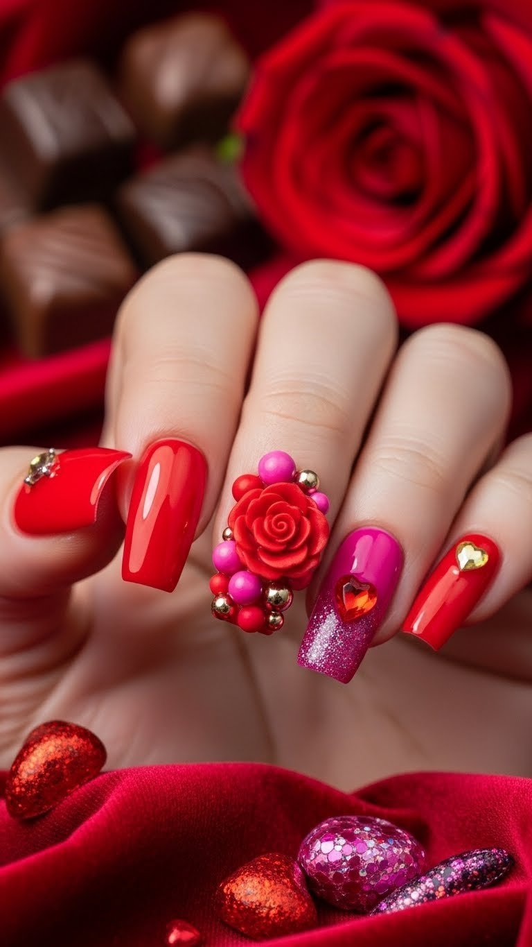 Bold Valentine's Day junk nails with red rose charm on matte red and fuchsia nails, velvet fabric background