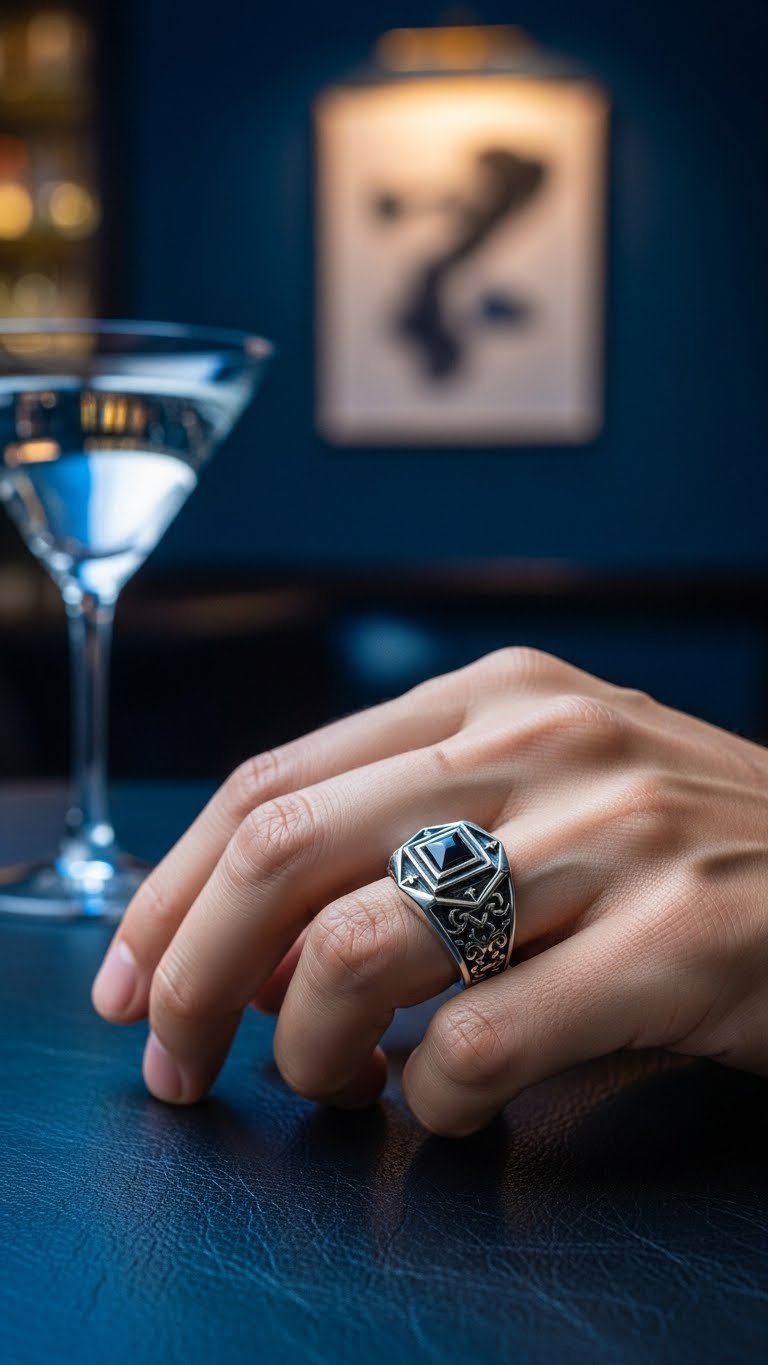 Bold geometric men's fashion statement ring in sterling silver with dramatic side lighting and elegant background