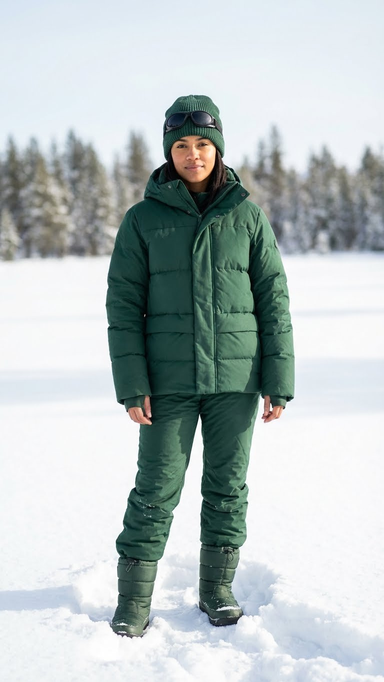 Bold monochromatic forest green snow outfit: matching parka, pants, beanie, boots, goggles in fresh snow.