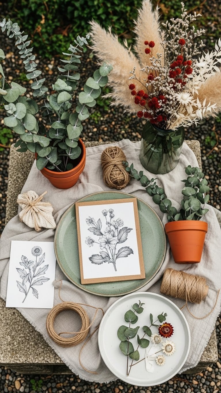 Botanical earthy Valentine's mood board with dried flowers, terracotta pots, natural wood elements, and sage green foliage in garden setting.
