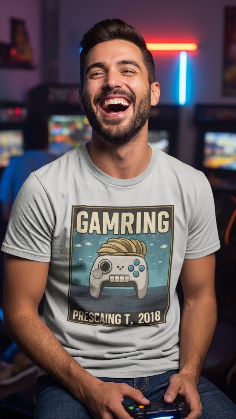 Boyfriend laughing heartily in vibrant graphic tee with humorous gaming reference design in game room setting