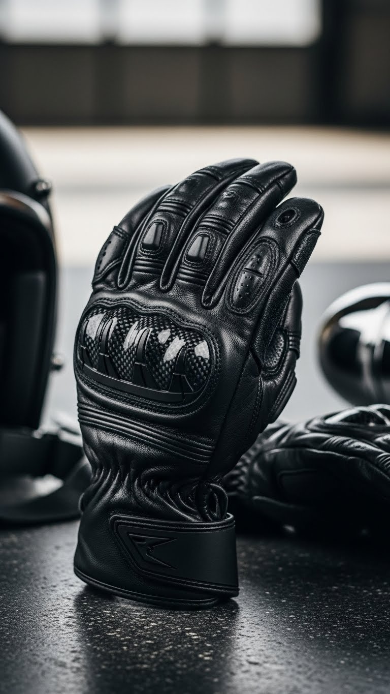 Brand-new black leather motorcycle gloves with reinforced knuckles and detailed stitching resting on a dark textured surface