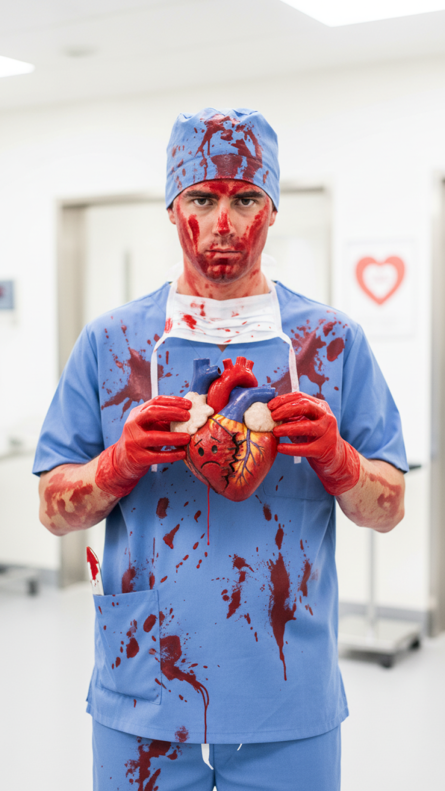 Broken Heart Surgeon costume wearing blood-splattered scrubs holding anatomical heart prop