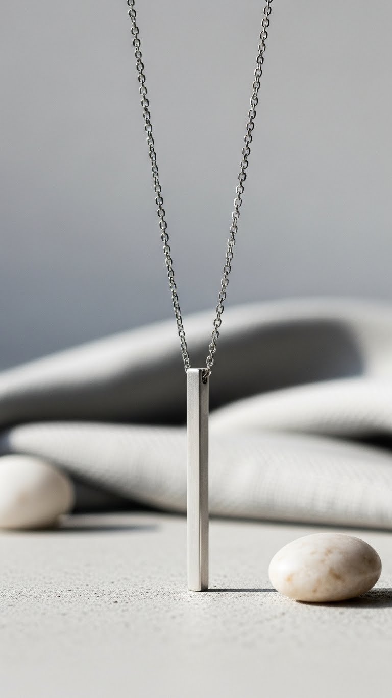 Brushed silver minimalist bar pendant necklace on light concrete surface with bright airy daylight illumination