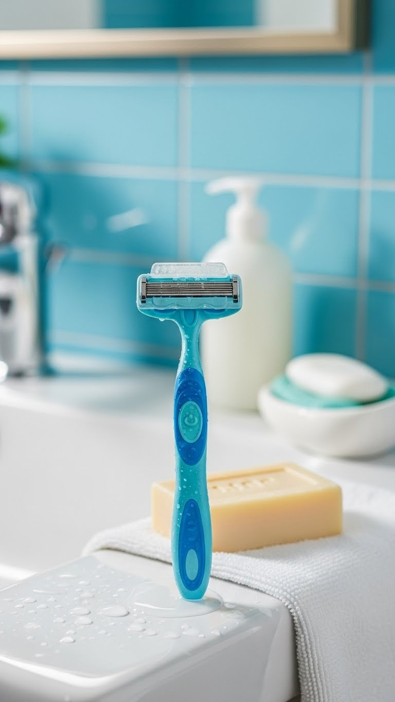 Budget-friendly manual razor for women with hydrating strip on porcelain sink edge with soap and water drops
