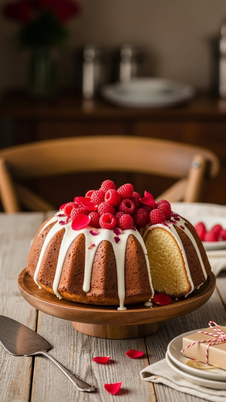 Bundt cake with white glaze drizzle and fresh raspberries on rustic wooden cake stand with vintage fork