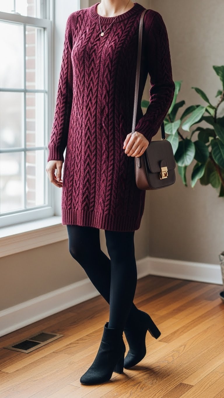 Burgundy cable knit sweater dress with black tights, suede boots, a gold necklace, and a structured shoulder bag. Elegant winter fashion.