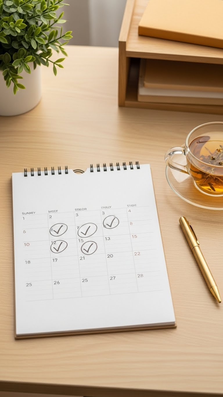 Calendar marked with appointment circles and checkmarks on light wooden desk with warm cream tones.