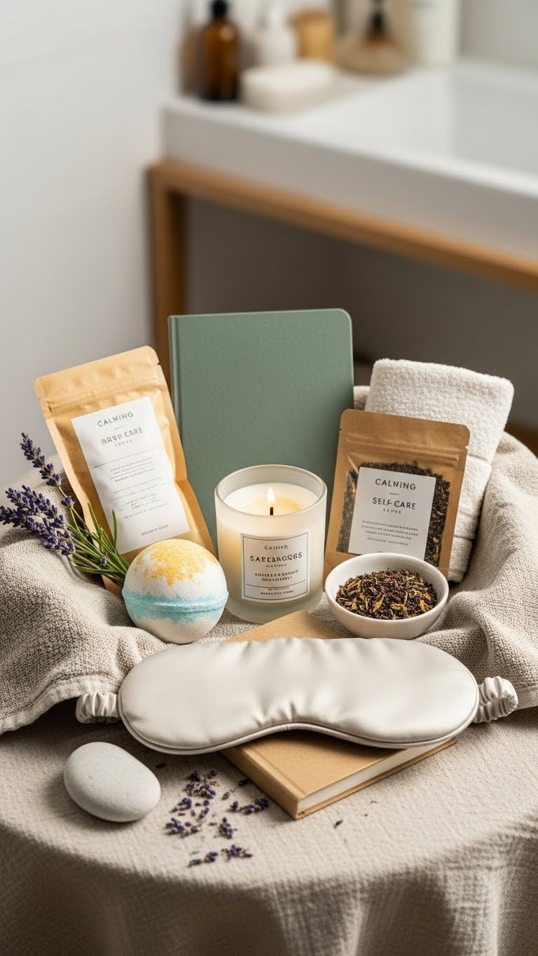 Calming self-care basket with bath bomb, scented candle, sleep mask, journal, and herbal tea on linen tablecloth