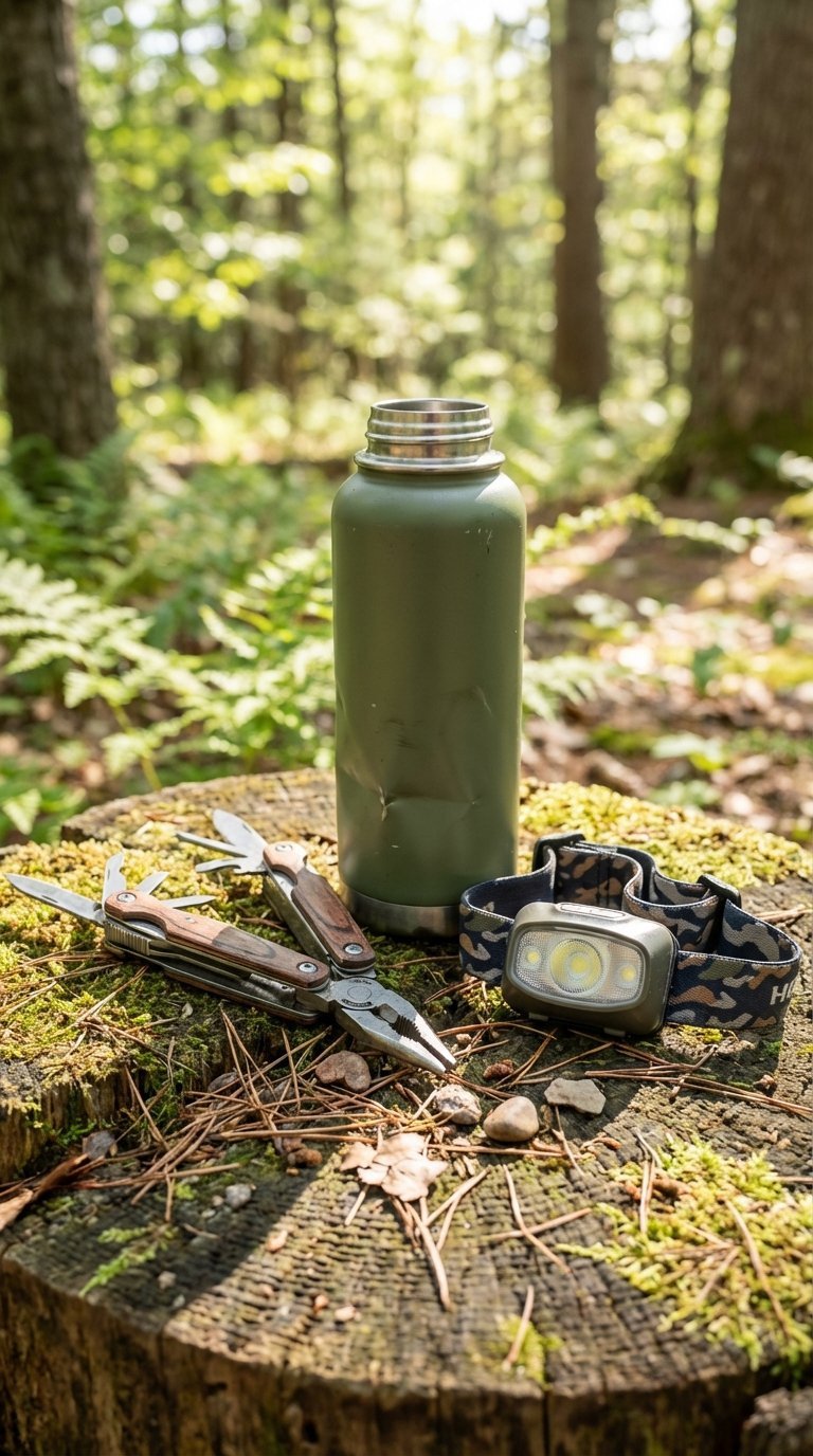 Camping multi-tool, insulated water bottle, and headlamp displayed on rough-hewn log in forest setting