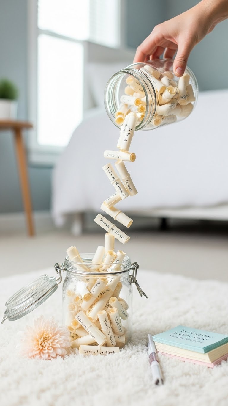 Cascade of pastel affirmation scrolls pouring from decorated clear jar onto plush white rug surface