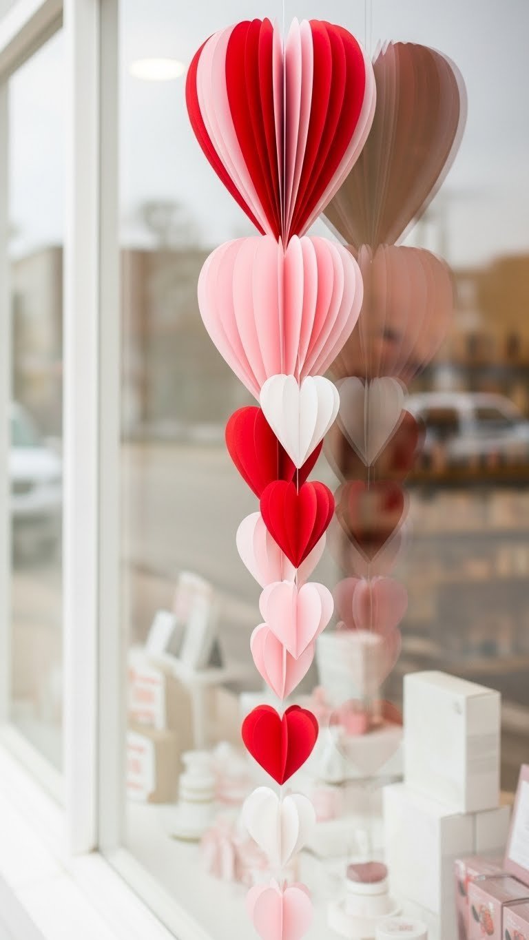 Cascading red pink white heart garland waterfall display in romantic storefront window with soft natural lighting