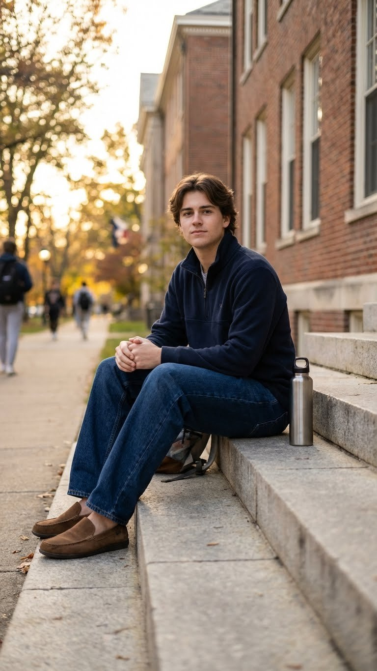 Casual college student on steps, fleece pullover, fleece-lined jeans, suede loafers/booties. Everyday campus winter outfits.