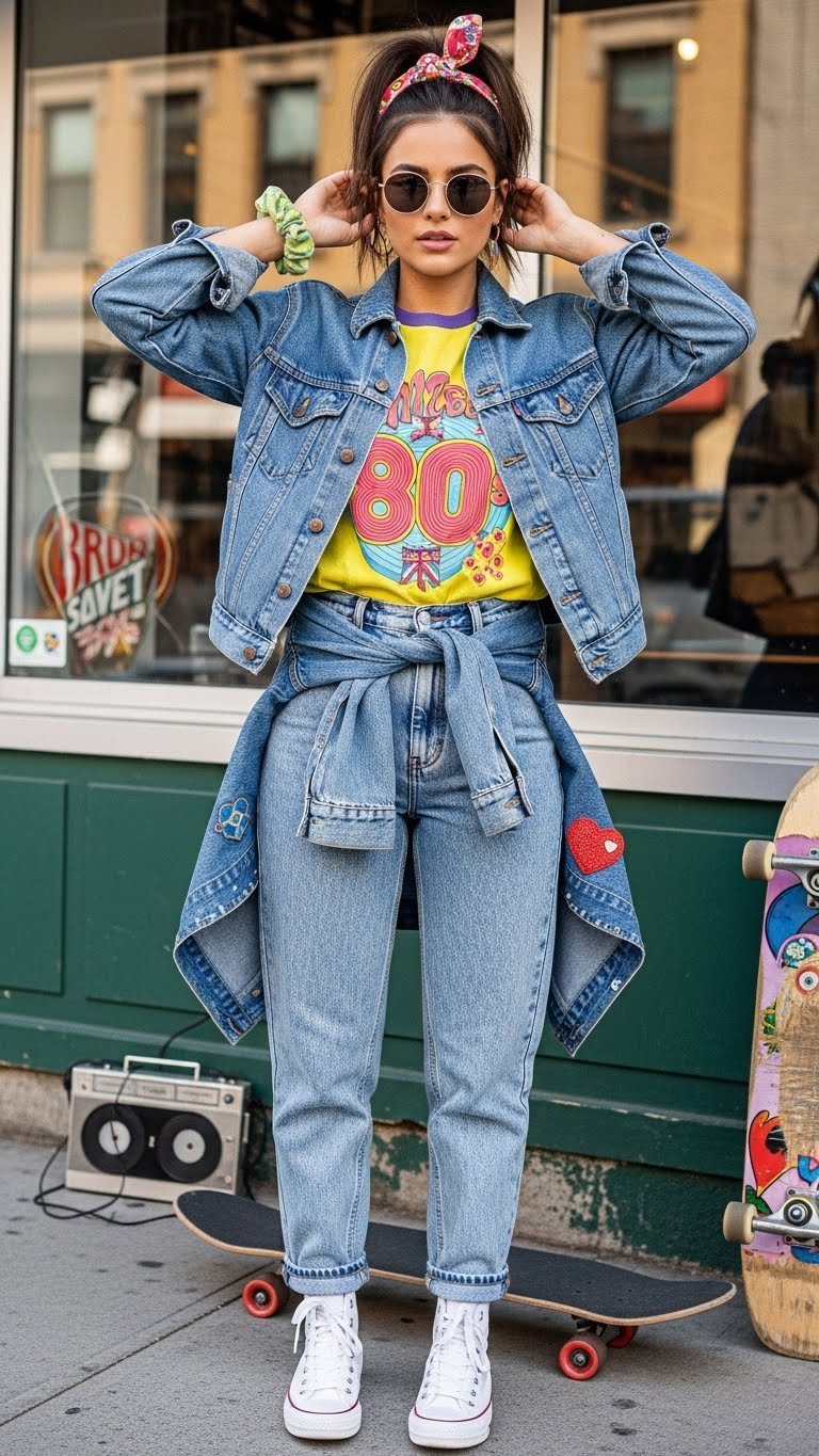 Casual person in 80s Acid Wash Denim Valentine's outfit with graphic tee, acid wash jeans, and colorful scrunchies against urban street backdrop