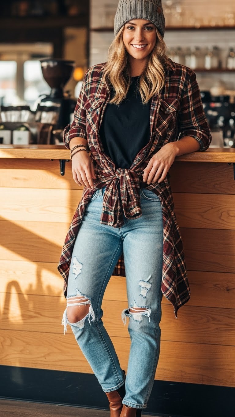 Casual plaid flannel shirt over black tee with distressed jeans in rustic coffee shop interior setting