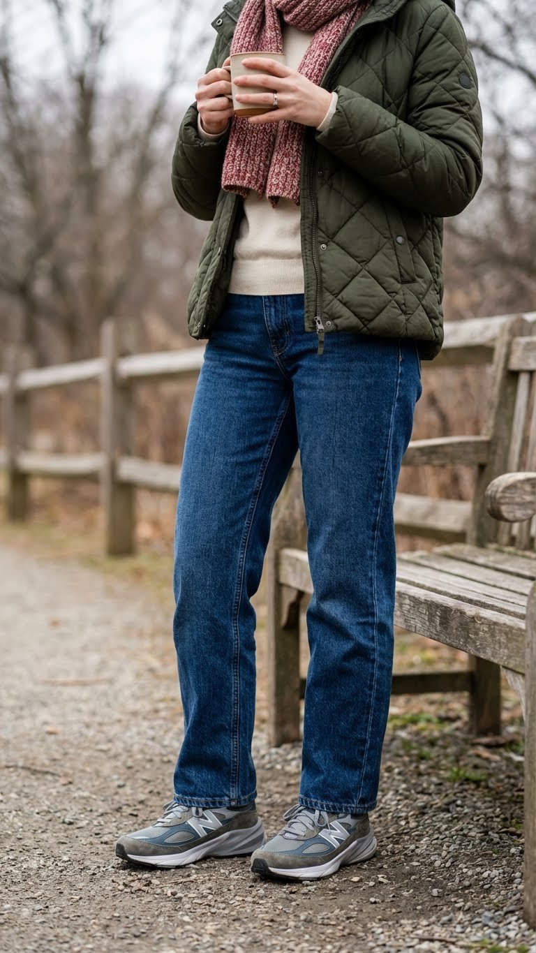 Casual winter outfit: relaxed denim jeans, crewneck sweater, olive quilted jacket, classic running trainers, park path.