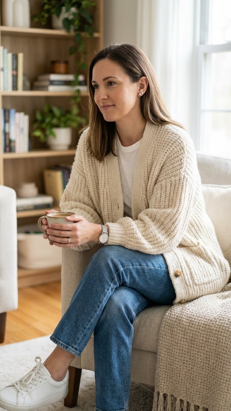 Casual woman in a cream chunky knit oversized cardigan, straight-leg jeans, and sneakers sips coffee in a living room.