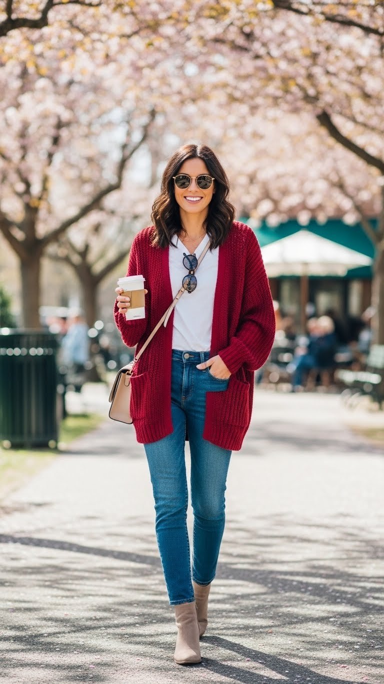 Casual woman in deep red knit cardigan with blue jeans walking in park with coffee cup and sunglasses