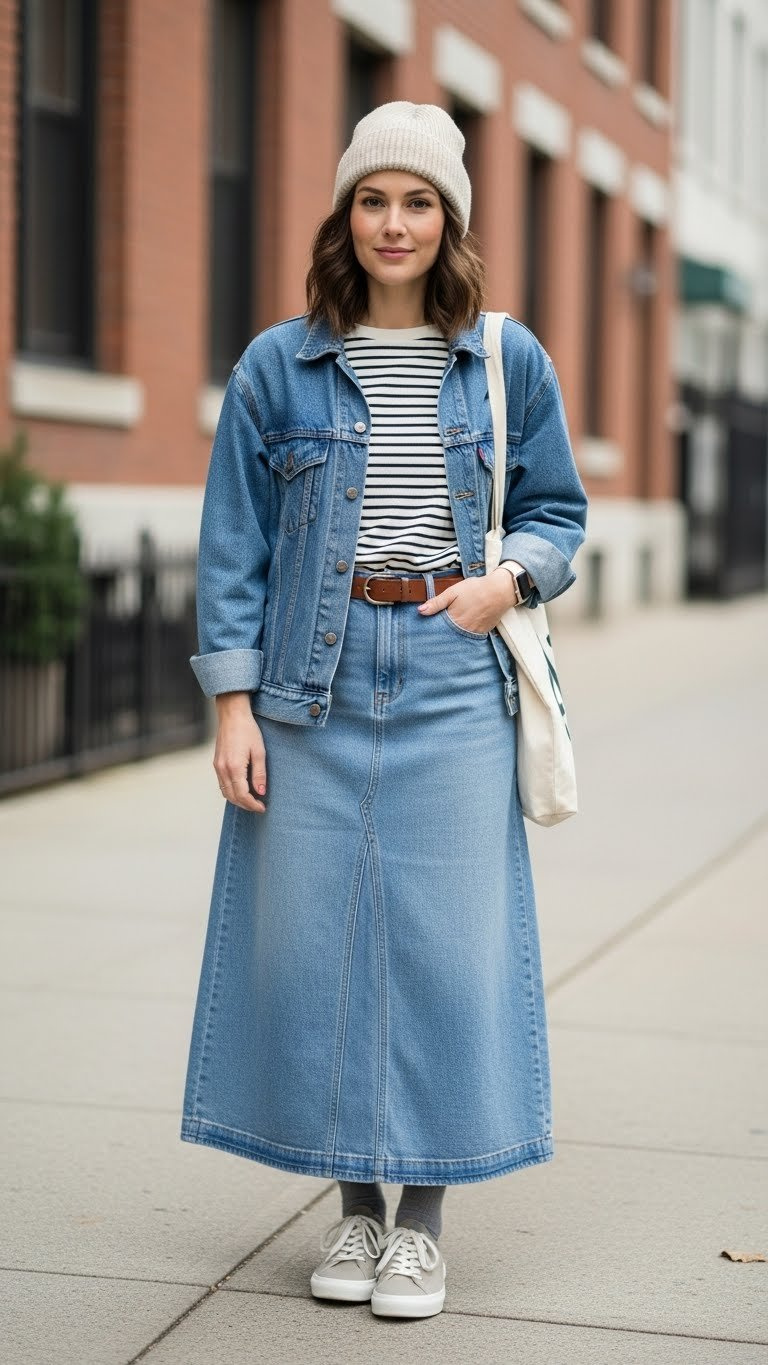 Casual woman wearing layered denim outfit with skirt and striped top, standing waist-up in bright outdoor park setting.