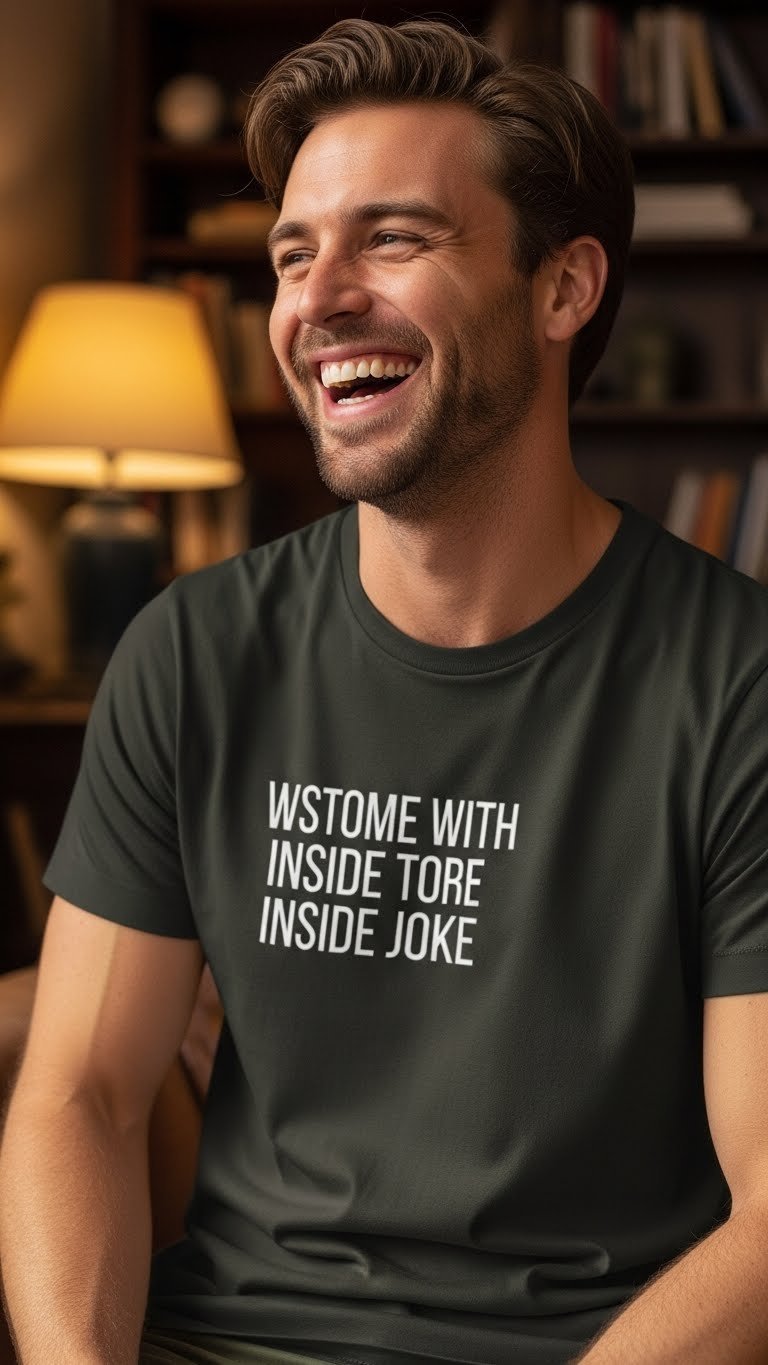 Casually laughing man in dark cotton t-shirt with minimalist text design against blurred bookshelf background