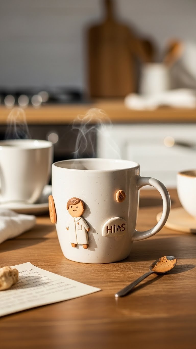 Ceramic mug with oven-bake clay geometric accents and steaming coffee on rustic wooden table.