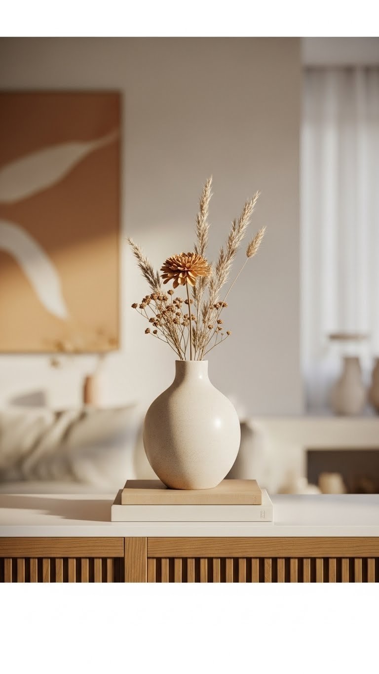 Ceramic vase with dried floral arrangement on minimalist wooden shelf in modern living room setting