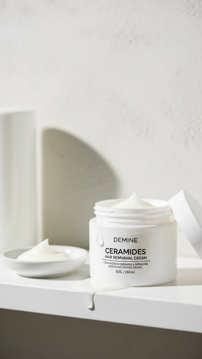 Ceramide-infused Japanese hair removal cream container with water droplet on white shelf in spa-like setting