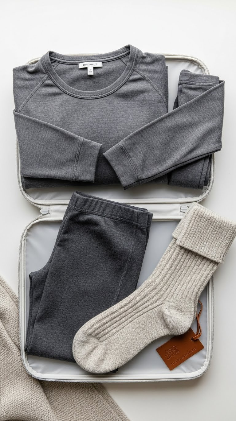 Charcoal gray merino wool base layer leggings and long-sleeve top, folded in a packing cube with wool socks, ready for winter travel.