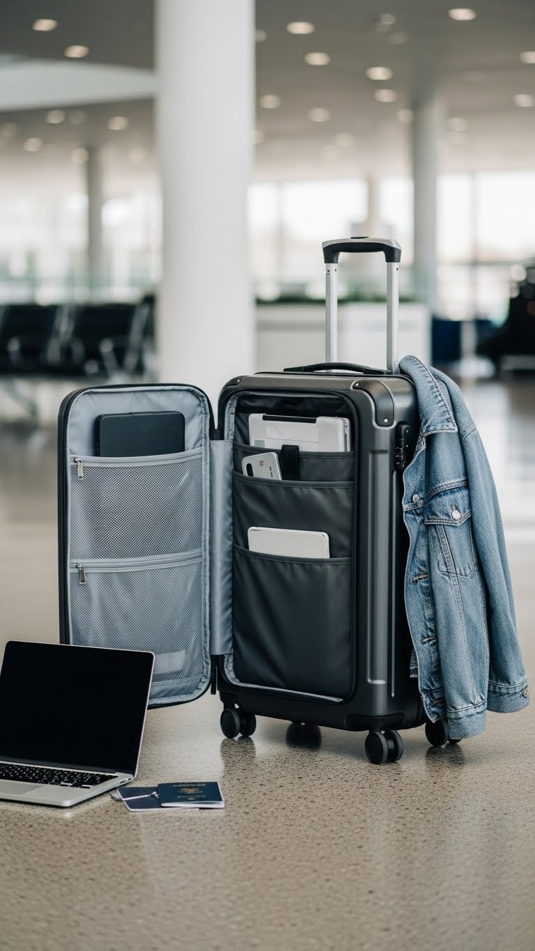 Charcoal grey smart carry-on luggage partially unzipped showing internal organization in modern airport lounge setting