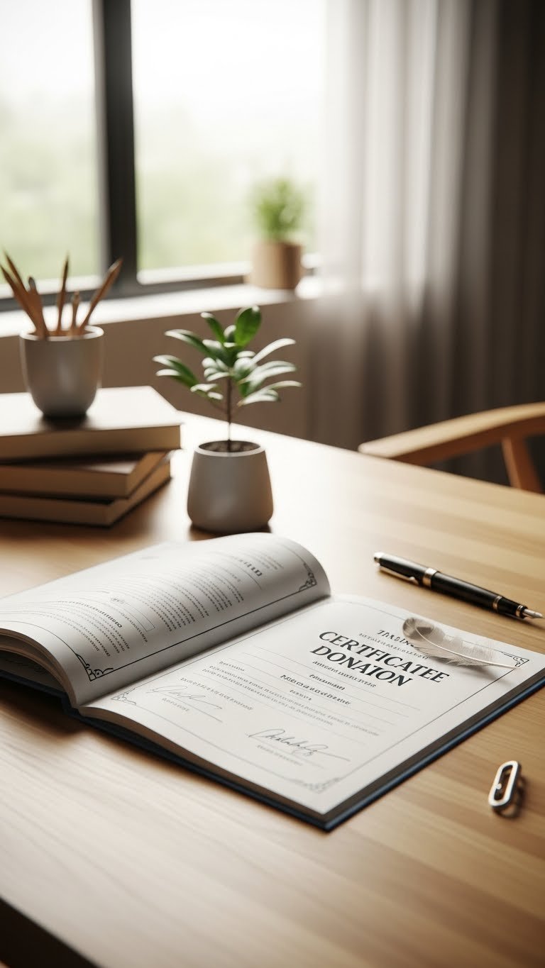 Charitable donation certificate elegantly presented on minimalist wooden desk with symbolic potted sapling