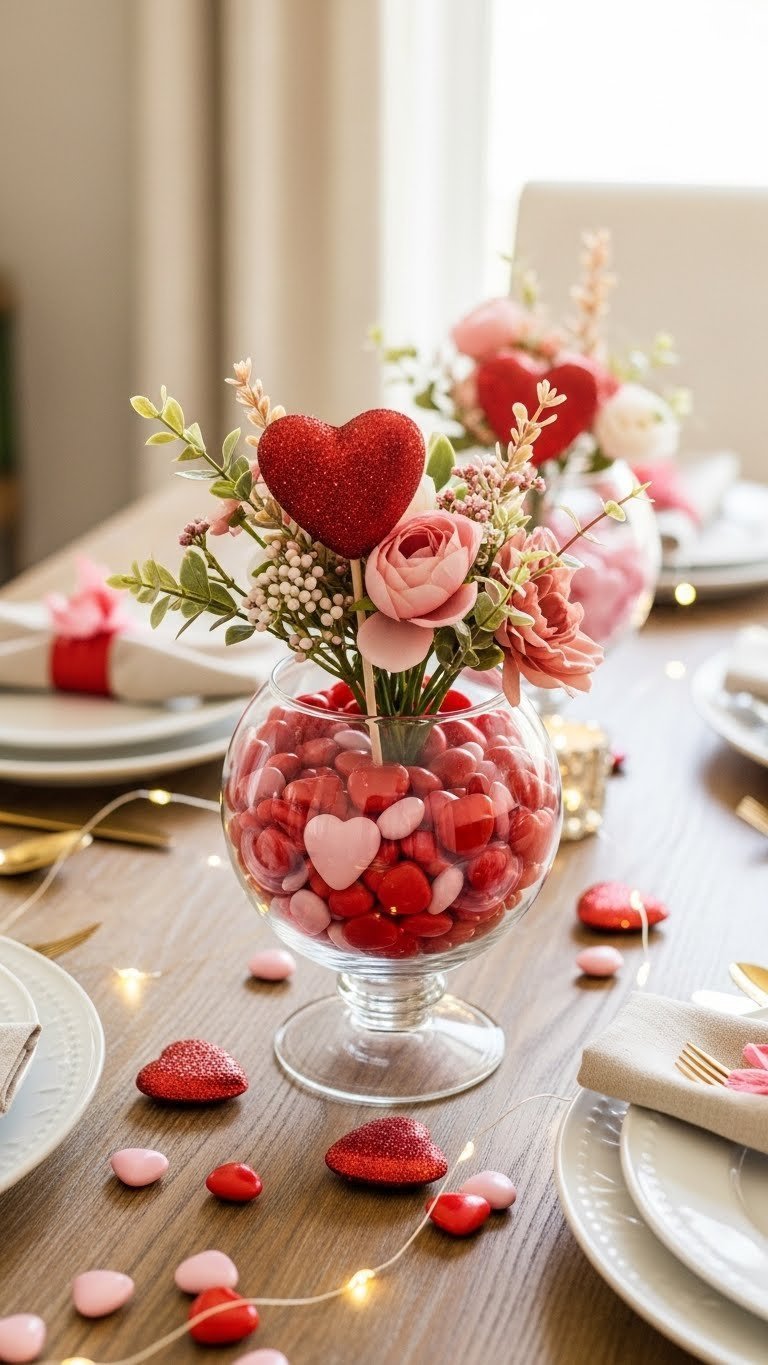 Charming Valentine's centerpiece with candy-filled glass vase and mixed flowers on rustic wooden table