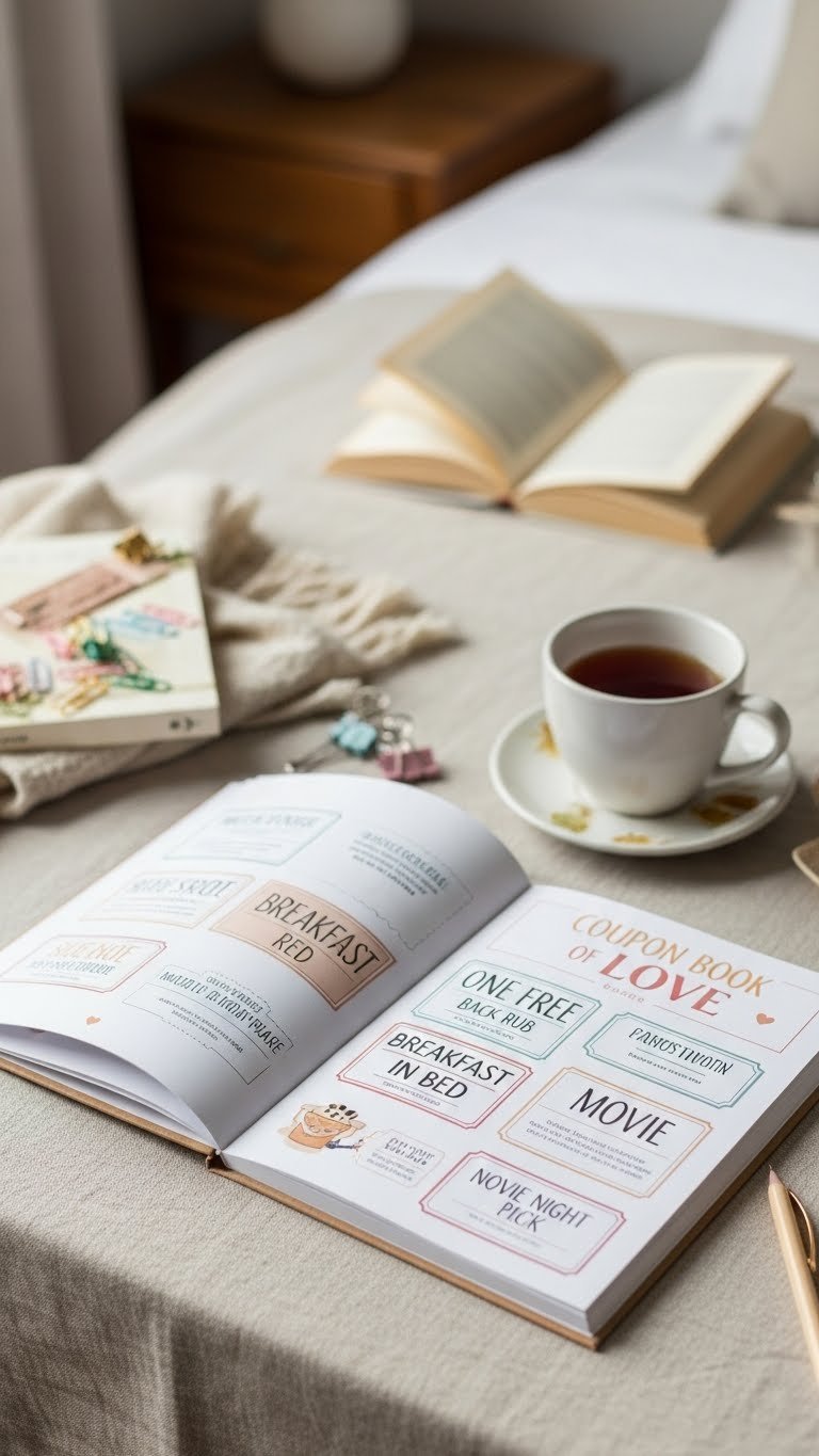 Charming coupon book of love zine with handcrafted coupons on linen tablecloth in cozy natural light