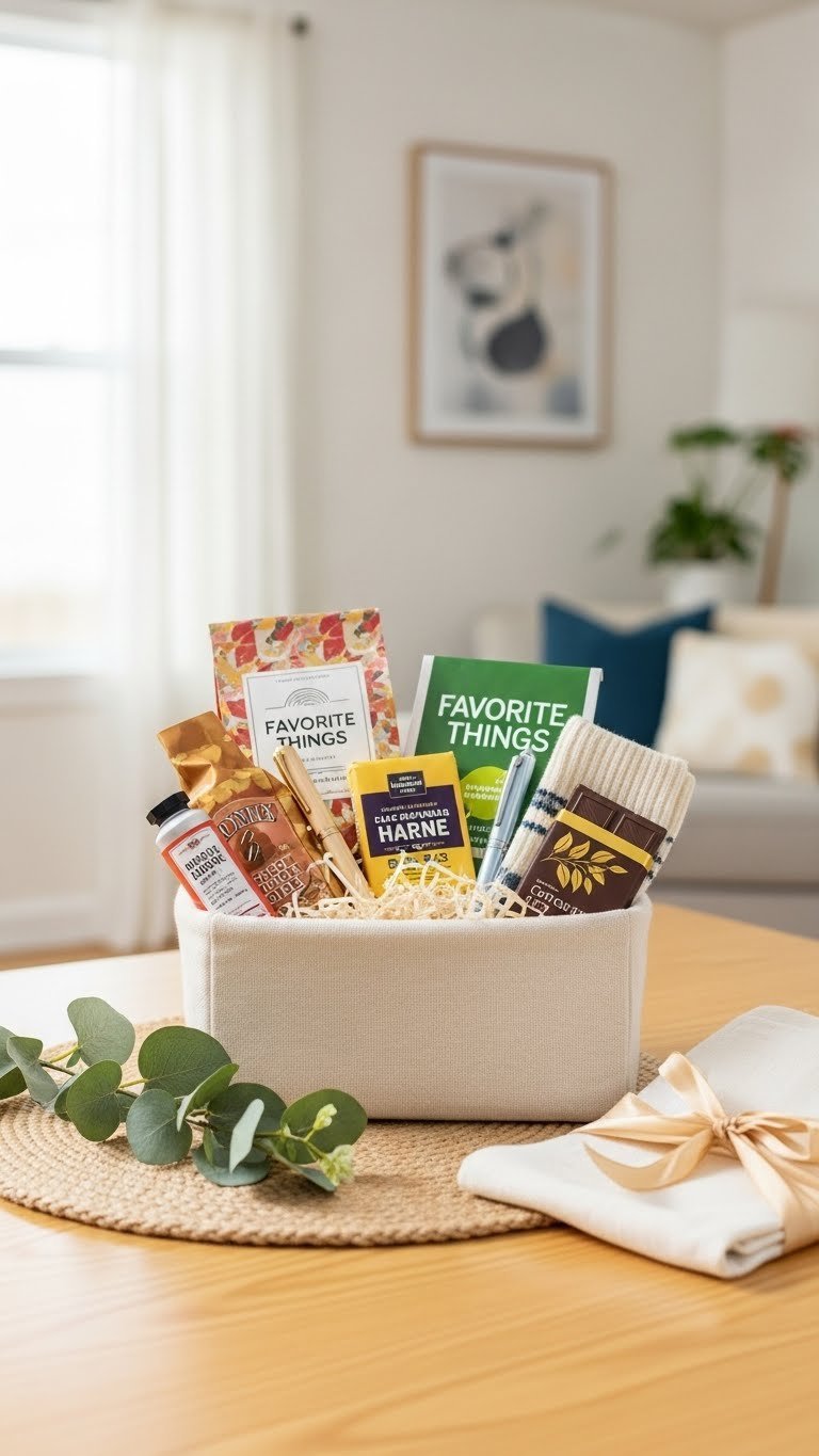 Charming favorite things basket with coffee beans, hand cream, cozy socks, pen, and chocolate bar arranged artfully