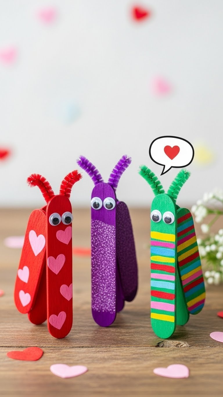 Charming love bug creatures made from painted craft sticks with pipe cleaner antennae and googly eyes in bright colors.