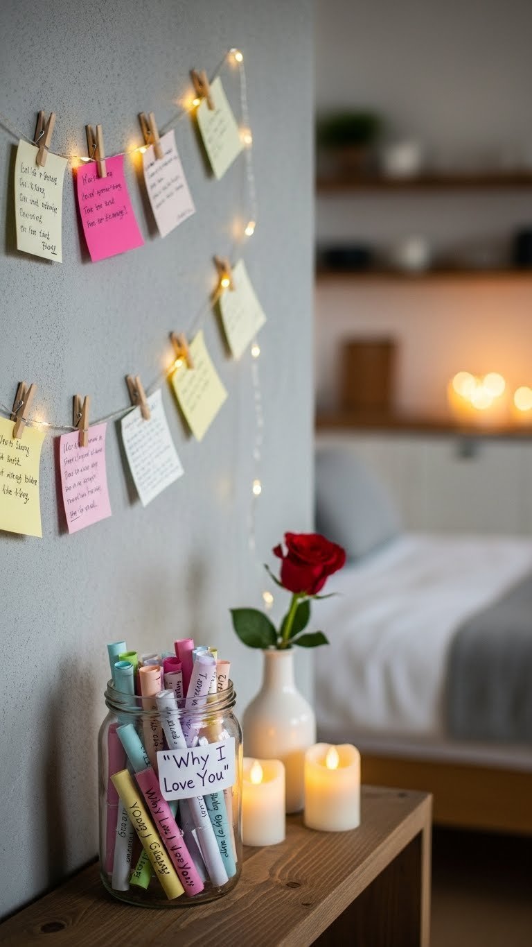 Charming personalized message display with handwritten notes on fairy lights and glass jar filled with love messages